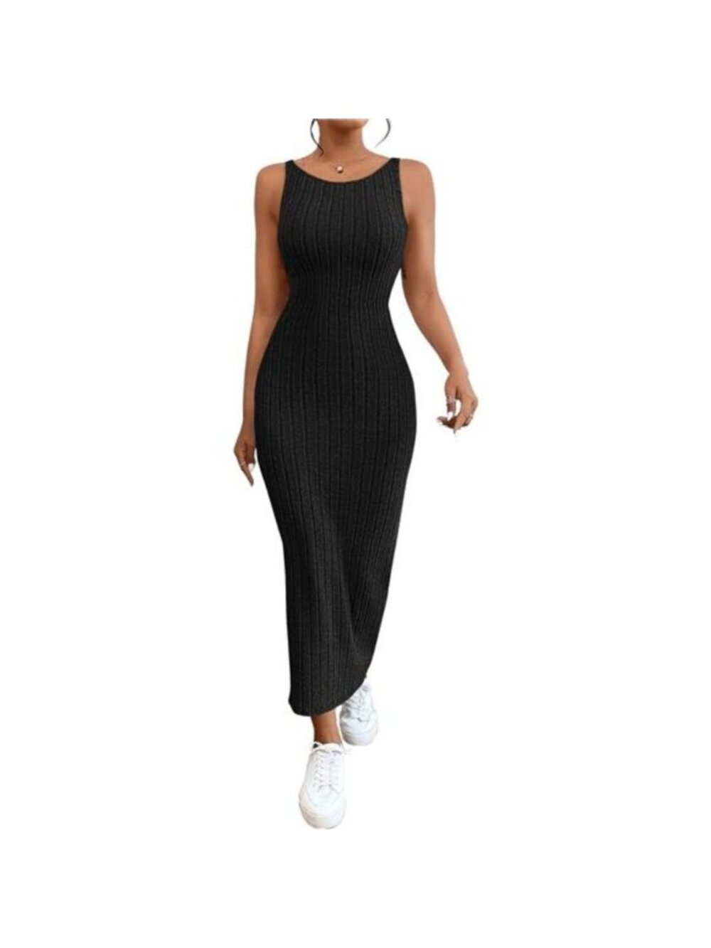 Women's Sleeveless Ribbed Knit Tank Dress Backless Bodycon Maxi Dress, Black